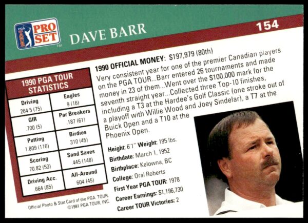 1991 Pro Set PGA Tour Dave Barr #154 (Back)