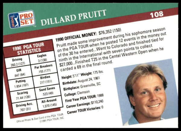 1991 Pro Set PGA Tour Dillard Pruitt #108 (Back)