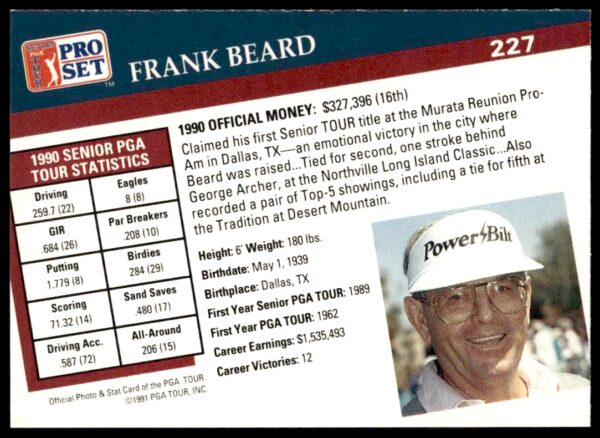 1991 Pro Set PGA Tour Frank Beard #227 (Back)