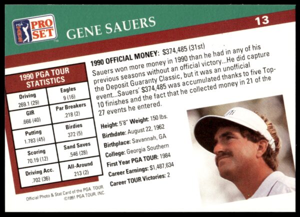 1991 Pro Set PGA Tour Gene Sauers #13 (Back)