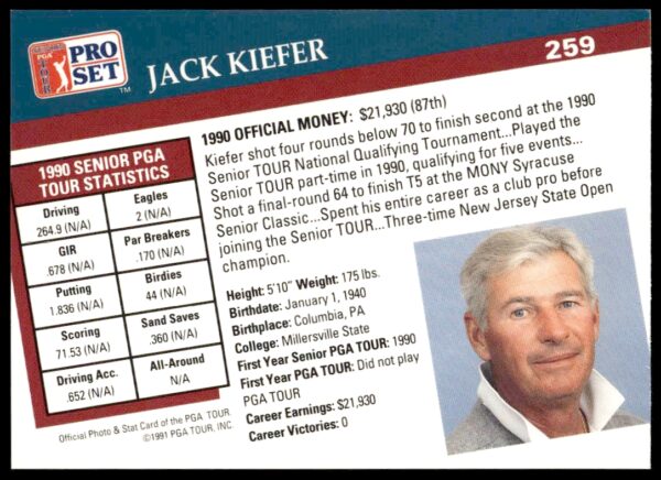 1991 Pro Set PGA Tour Jack Kiefer #259 (Back)