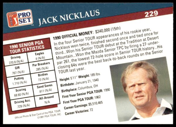 1991 Pro Set PGA Tour Jack Nicklaus #229 (Back)