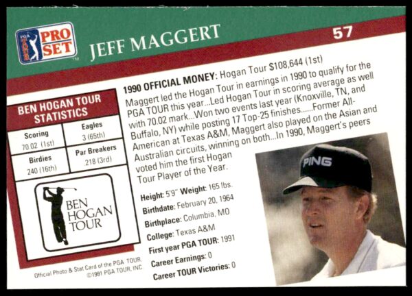 1991 Pro Set PGA Tour Jeff Maggert #57 (Back)