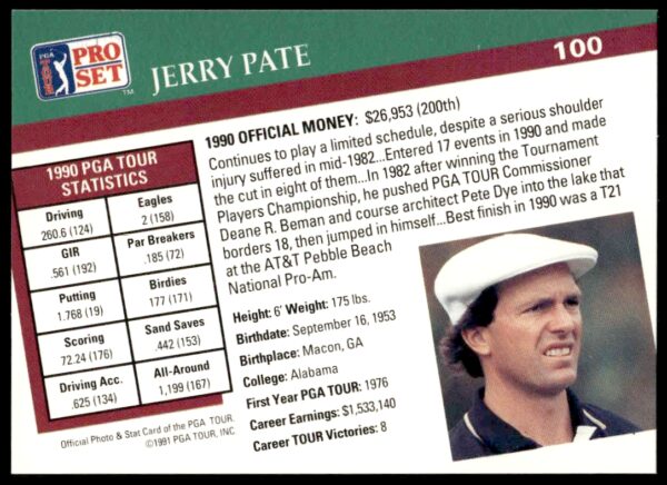 1991 Pro Set PGA Tour Jerry Pate #100 (Back)