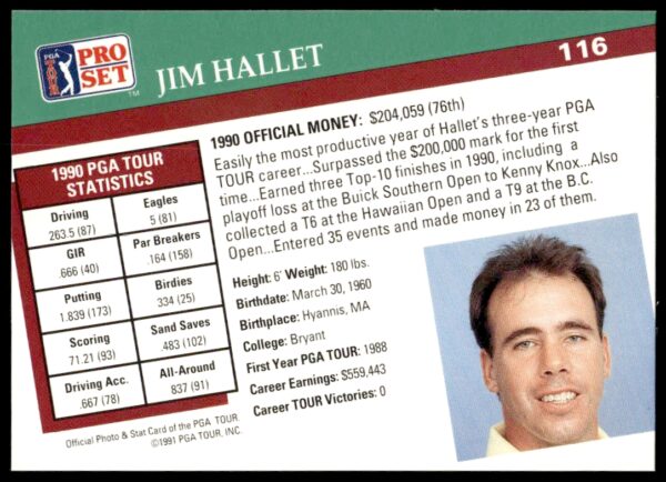 1991 Pro Set PGA Tour Jim Hallet #116 (Back)