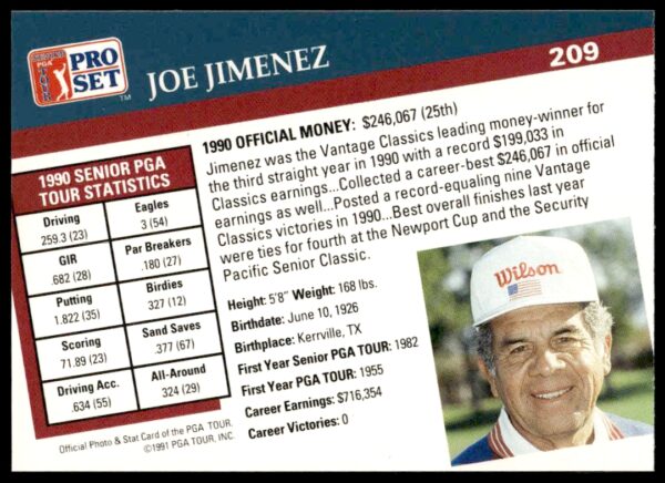 1991 Pro Set PGA Tour Joe Jimenez #209 (Back)