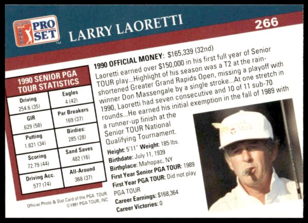 1991 Pro Set PGA Tour Larry Laoretti #266 (Back)