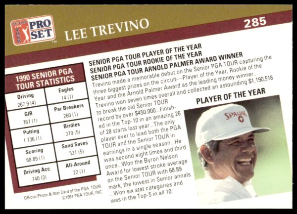 1991 Pro Set PGA Tour Lee Trevino Player Of The Year #285 (Back)