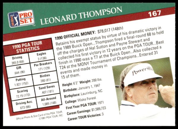 1991 Pro Set PGA Tour Leonard Thompson #167 (Back)