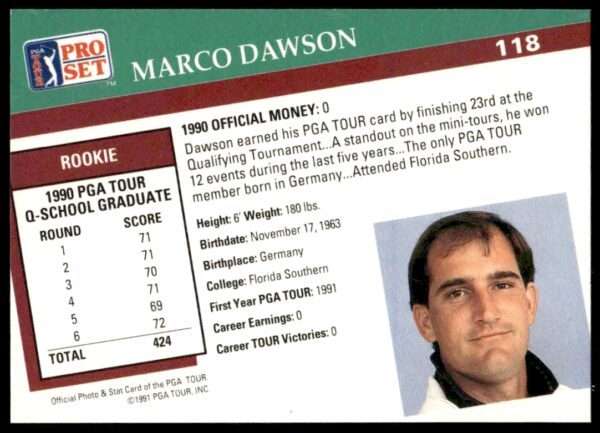 1991 Pro Set PGA Tour Marco Dawson #118 (Back)