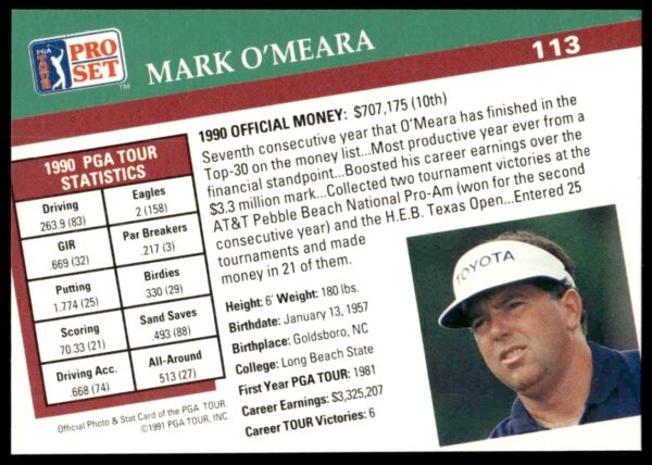 1991 Pro Set PGA Tour Mark O'meara #113 (Back)