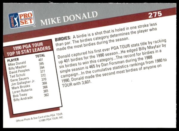 1991 Pro Set PGA Tour Mike Donald Statistical Leader #275 (Back)