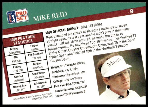 1991 Pro Set PGA Tour Mike Reid #9 (Back)