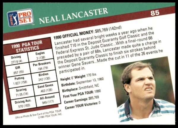 1991 Pro Set PGA Tour Neal Lancaster #85 (Back)