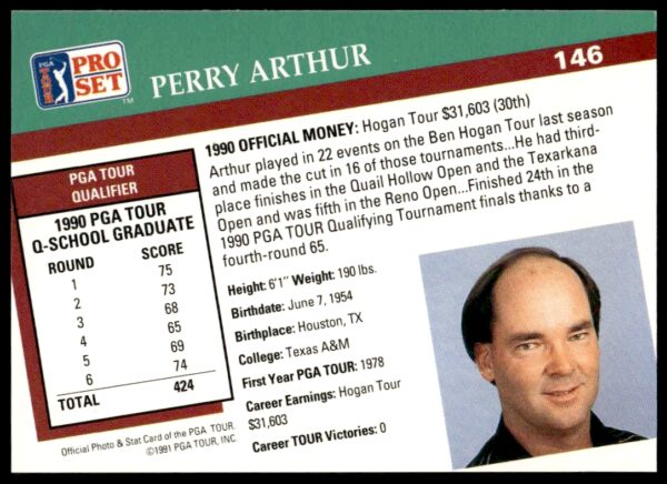 1991 Pro Set PGA Tour Perry Arthur #146 (Back)