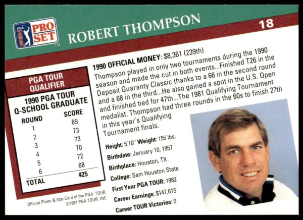 1991 Pro Set PGA Tour Robert Thompson #18 (Back)