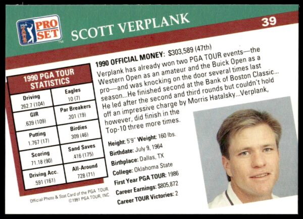 1991 Pro Set PGA Tour Scott Verplank #39 (Back)