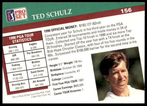 1991 Pro Set PGA Tour Ted Schulz #156 (Back)