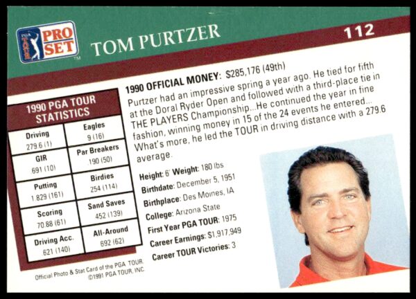 1991 Pro Set PGA Tour Tom Purtzer #112 (Back)