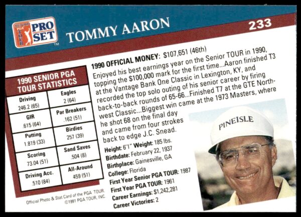 1991 Pro Set PGA Tour Tommy Aaron #233 (Back)