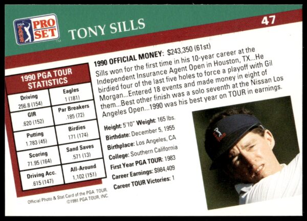 1991 Pro Set PGA Tour Tony Sills #47 (Back)