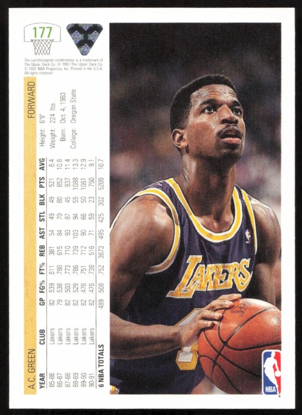 1991 Upper Deck A.C. Green #177 (Back)