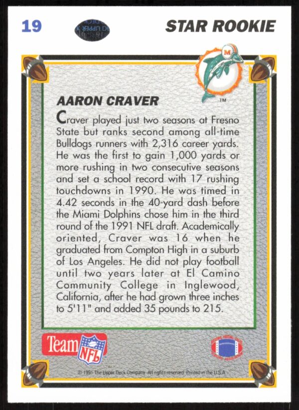 1991 Upper Deck Aaron Craver #19 (Back)