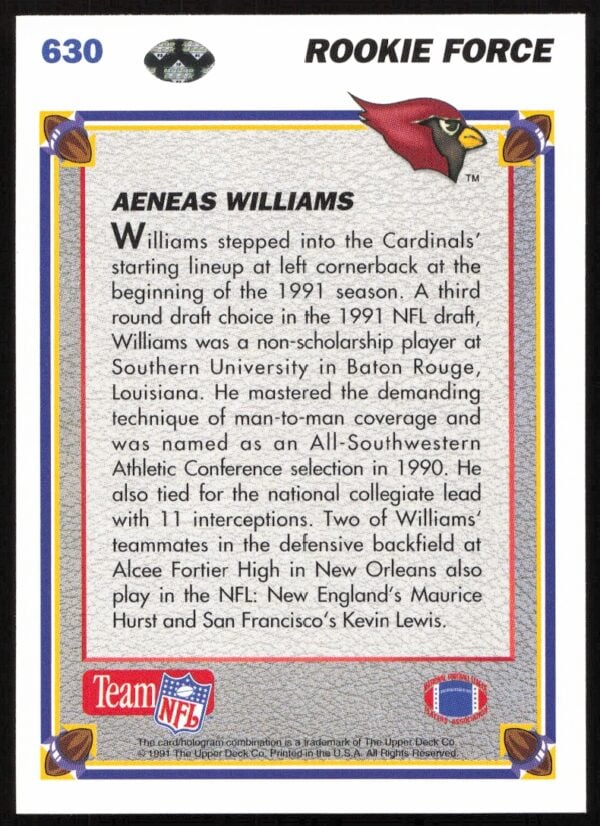 1991 Upper Deck Aeneas Williams #630 (Back)