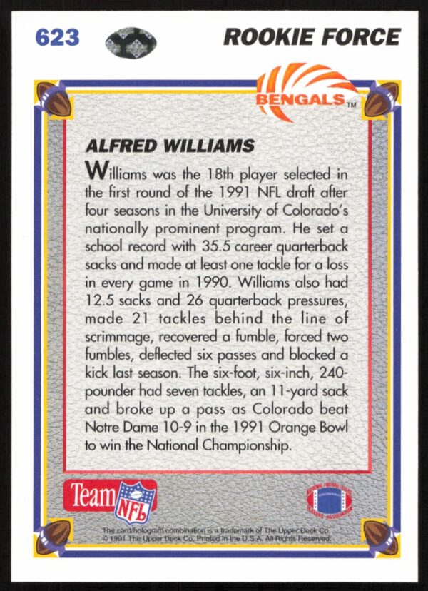 1991 Upper Deck Alfred Williams #623 (Back)