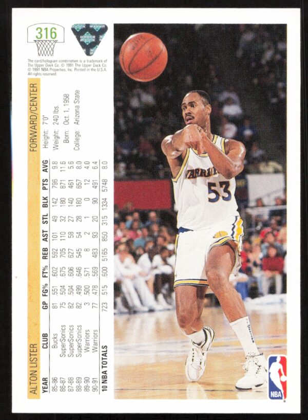 1991 Upper Deck Alton Lister #316 (Back)