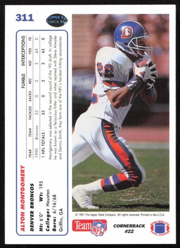 1991 Upper Deck Alton Montgomery #311 (Back)