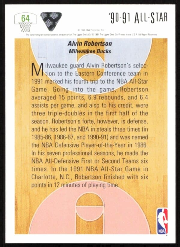 1991 Upper Deck Alvin Robertson #64 (Back)