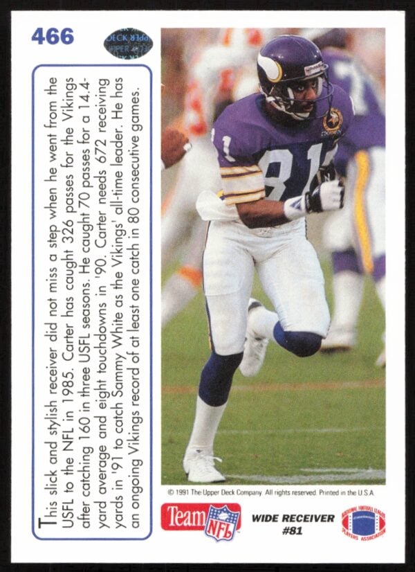 1991 Upper Deck Anthony Carter #466 (Back)