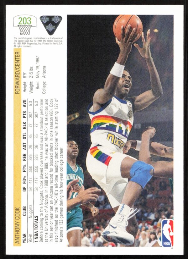 1991 Upper Deck Anthony Cook #203 (Back)