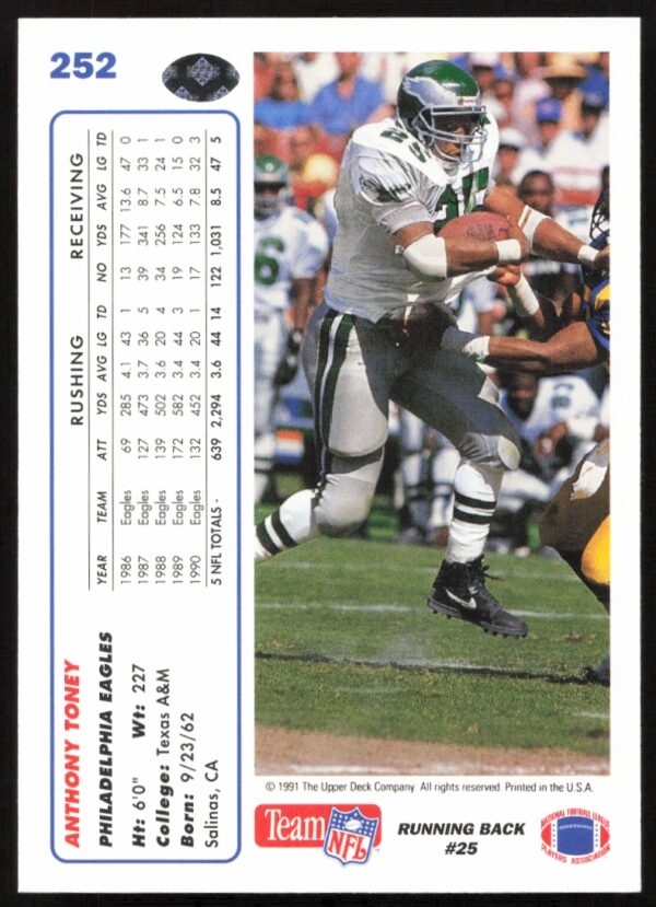 1991 Upper Deck Anthony Toney #252 (Back)