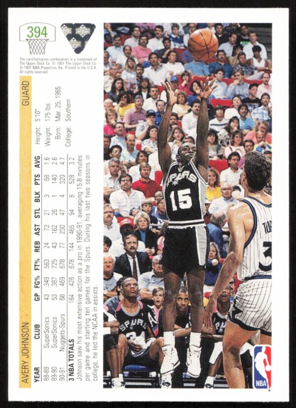 1991 Upper Deck Avery Johnson #394 (Back)