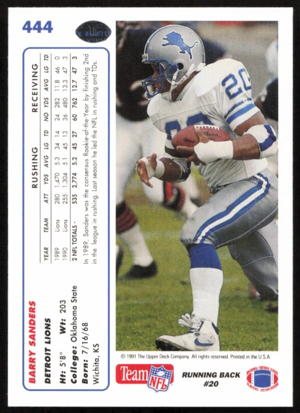 1991 Upper Deck Barry Sanders #444 (Back)