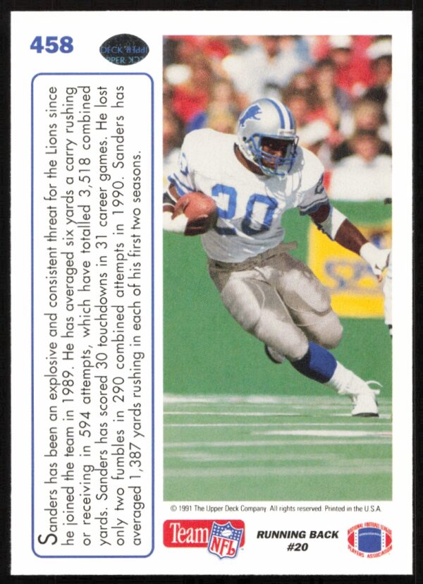 1991 Upper Deck Barry Sanders #458 (Back)