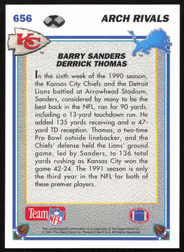 1991 Upper Deck Barry Sanders / Derrick Thomas AR #656 (Back)