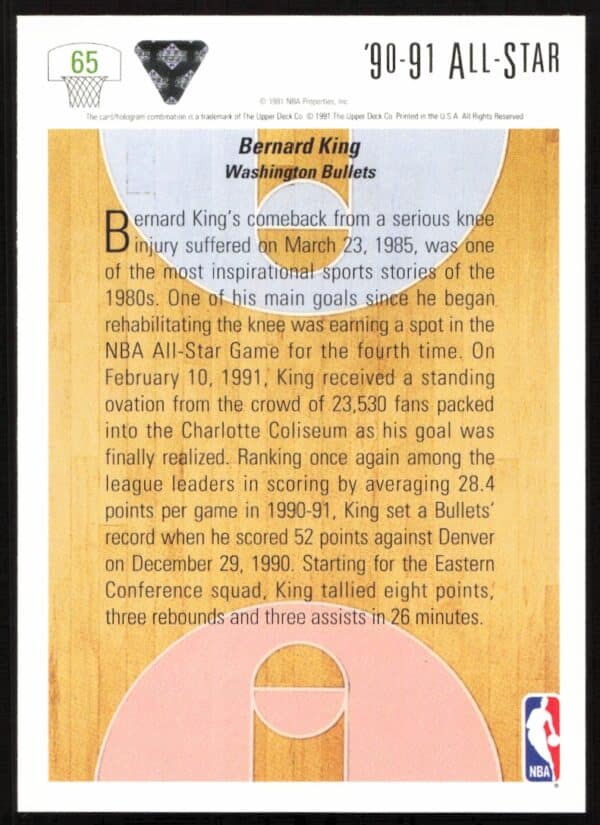 1991 Upper Deck Bernard King #65 (Back)