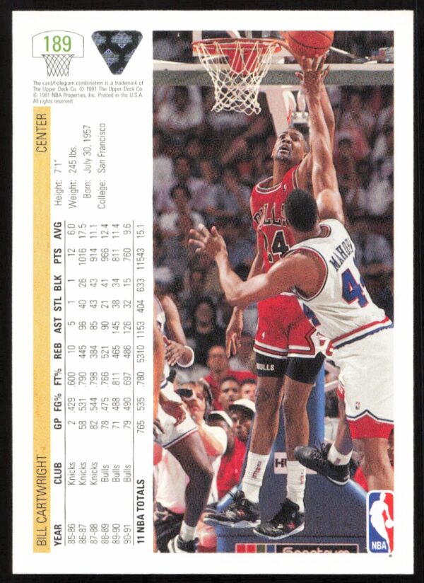 1991 Upper Deck Bill Cartwright #189 (Back)