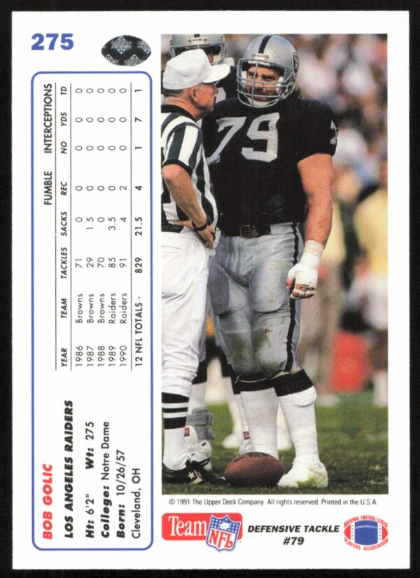 1991 Upper Deck Bob Golic #275 (Back)