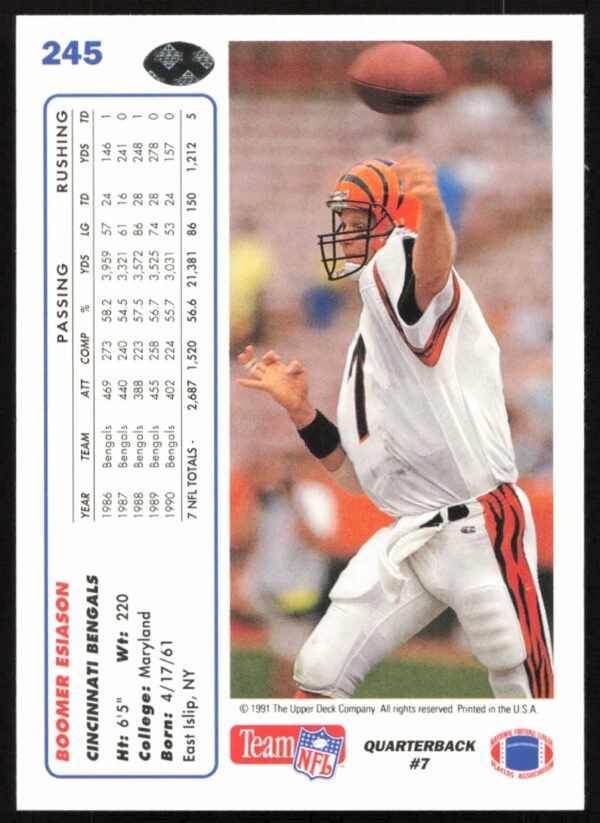 1991 Upper Deck Boomer Esiason #245 (Back)