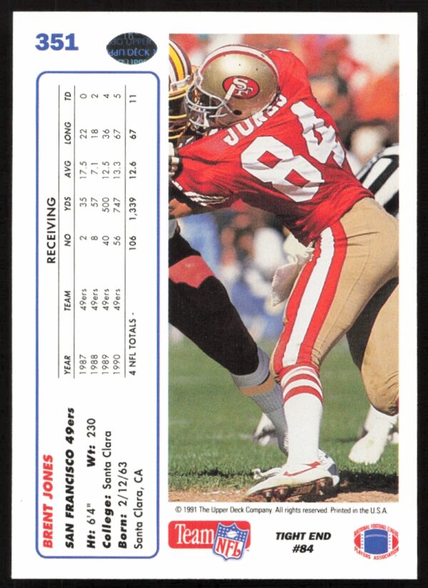 1991 Upper Deck Brent Jones #351 (Back)