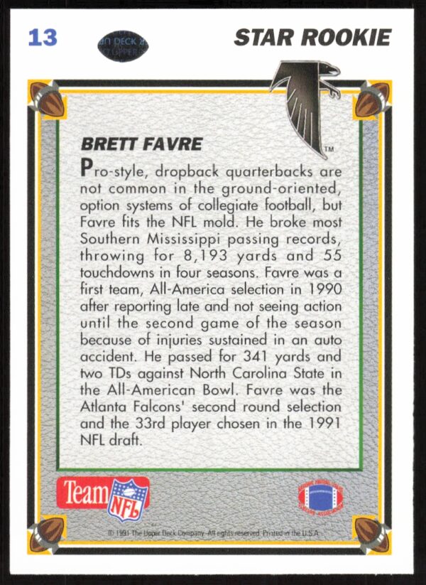 1991 Upper Deck Brett Favre #13 (Back)
