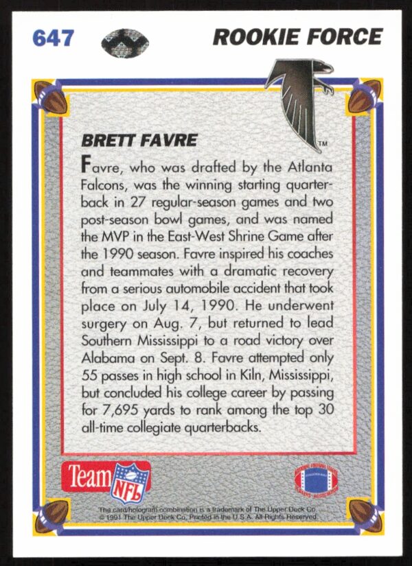 1991 Upper Deck Brett Favre #647 (Back)