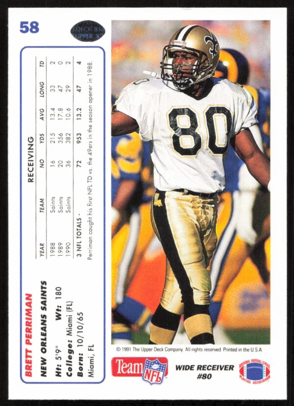 1991 Upper Deck Brett Perriman #58 (Back)