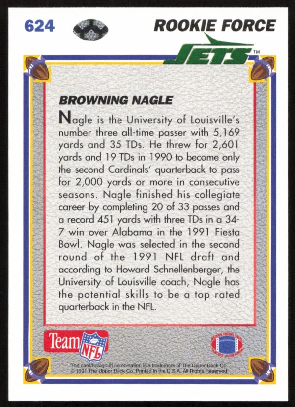 1991 Upper Deck Browning Nagle #624 (Back)