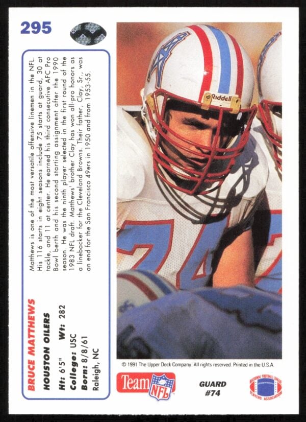 1991 Upper Deck Bruce Matthews #295 (Back)