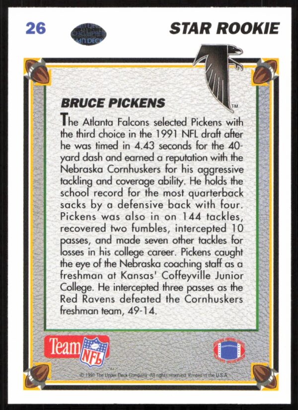 1991 Upper Deck Bruce Pickens #26 (Back)